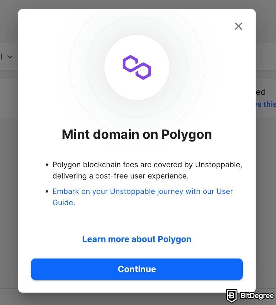 Comprar domínios crypto: Criação de domínios Polygon de Unstoppable Domains.