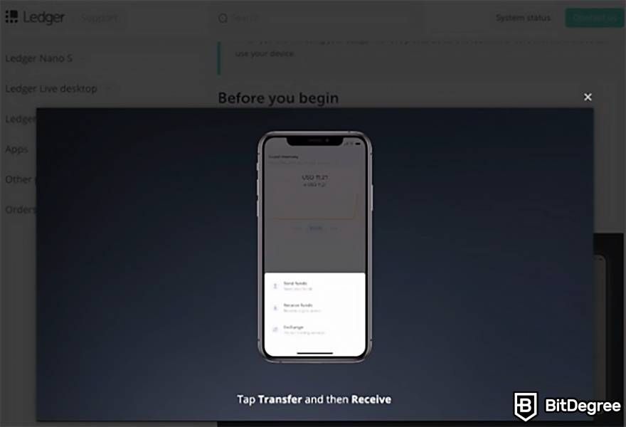 Ledger Nano X review: Receive funds step 1.