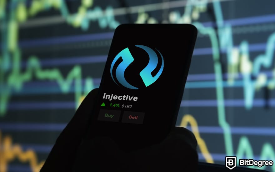 Melhores criptomoedas de IA: uma pessoa analisando o preço da Injective em um telefone.