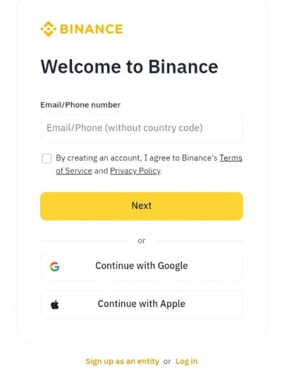 Melhores Criptomoedas de IA: uma captura de tela da página de cadastro do Binance.