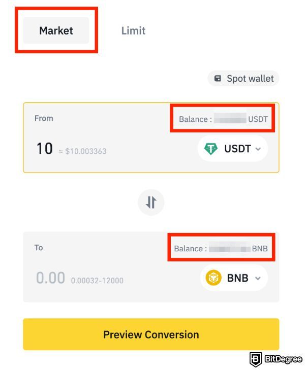 Binance Convert: market order conversion creation.