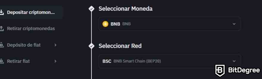 Spot trading en Binance: Depositar criptomonedas.