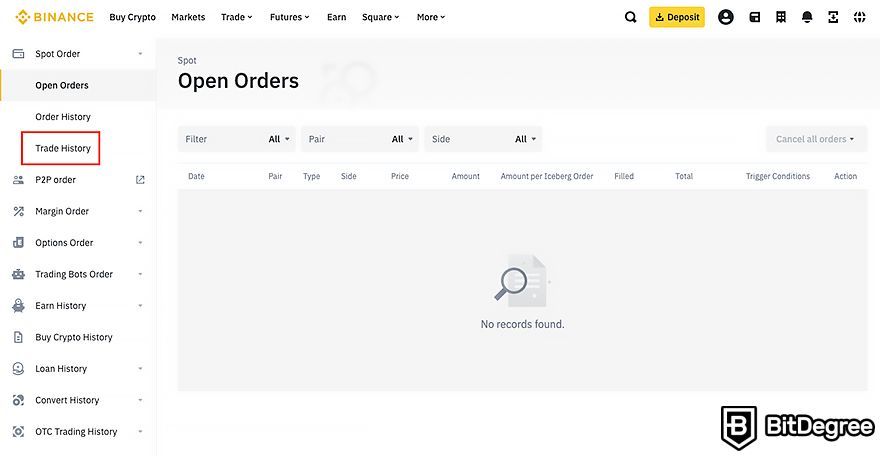 Binance spot trading: botón de trade history.