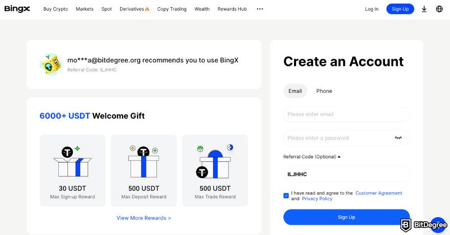 BingX review: the registration page.