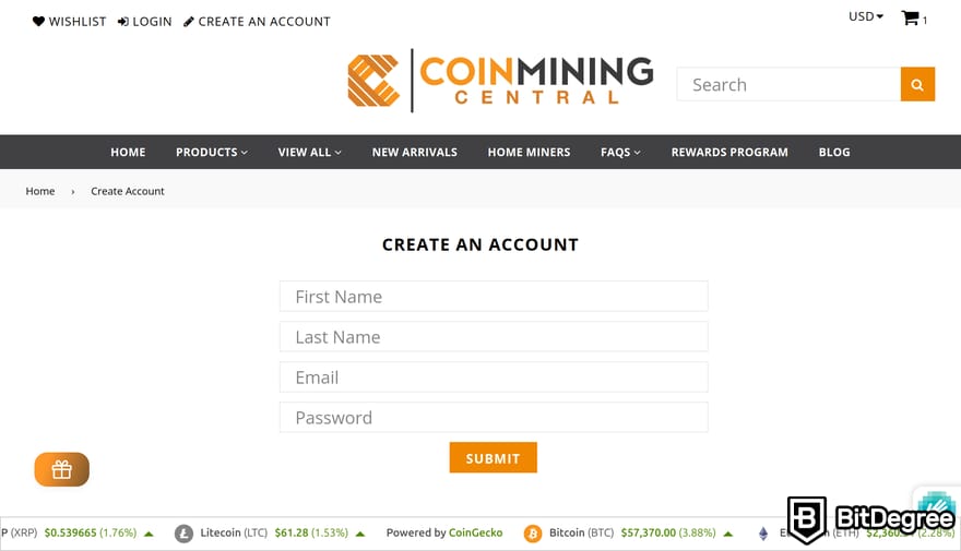 Coin Mining Central incelemesi: Coin Mining Central'ın kayıt formunun bir önizlemesi.