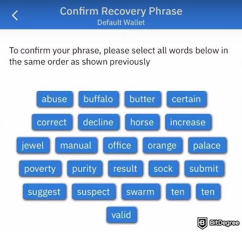 Ulasan dompet Coinomi: Layar Confirm Recovery Phrase di aplikasi seluler Coinomi.
