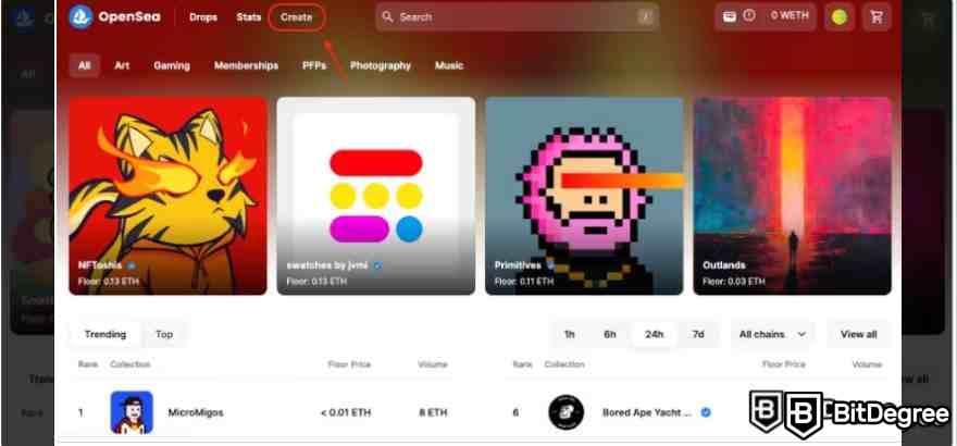 Cómo acuñar NFT gratis: Botón de creación en OpenSea.