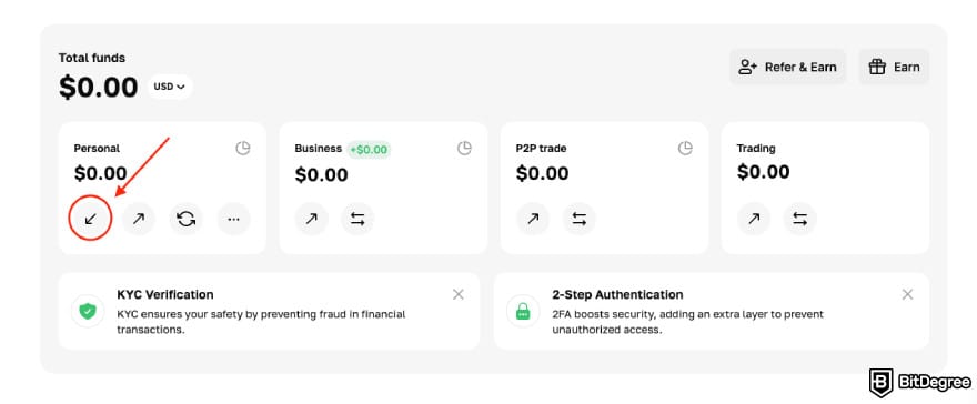 Cryptomus incelemesi: kripto veya fiat yatırma için aşağı ok.