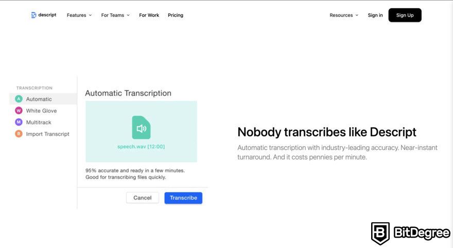 Descript review: Automatic transcription feature page.