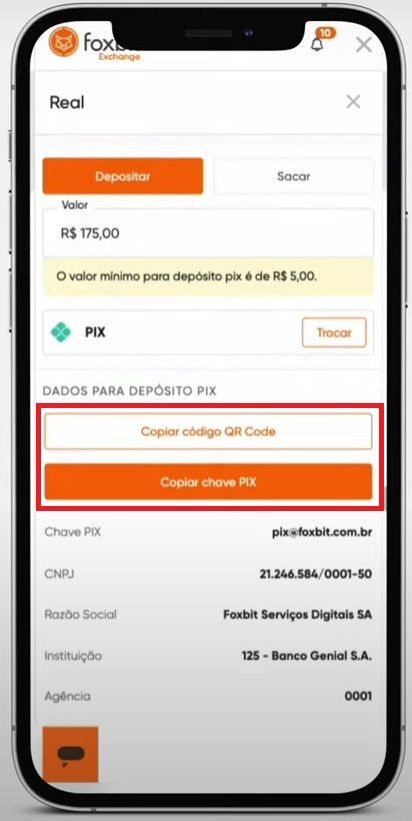 Foxbit incelemesi: para yatırma adresinin kopyalanması.