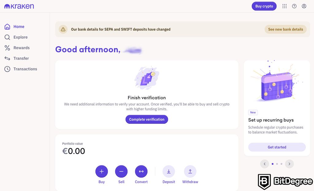 How to buy crypto in Singapore: Kraken account homepage.