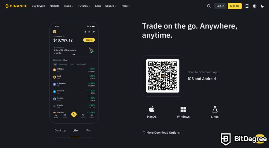 Cách mua meme coin: phần ứng dụng di động Binance trên trang chủ Binance.