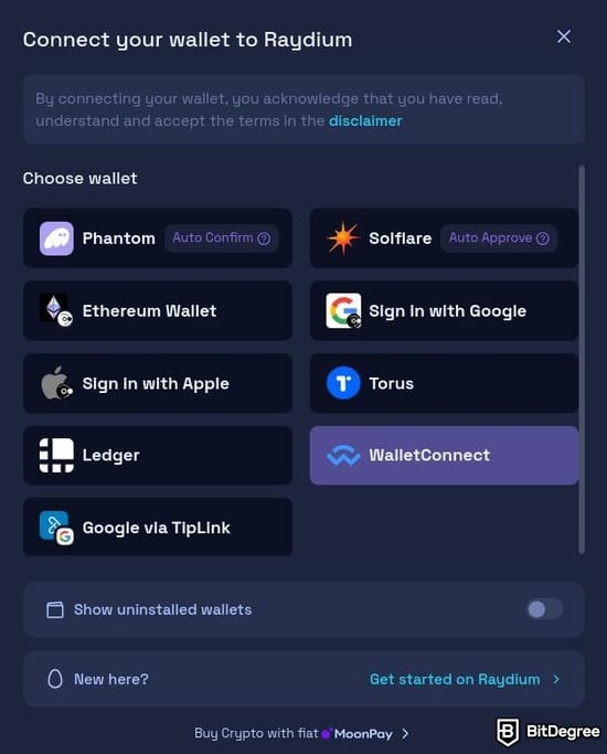 如何购买 Solana meme 币：Raydium Connect Wallet 弹出窗口预览。