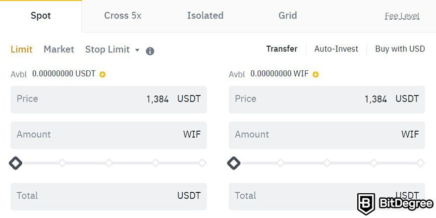WIF Nasıl Alınır: Binance işlem arayüzünde spot bölümü.