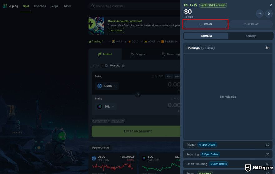 How to claim Jupiter airdrop: click Deposit.