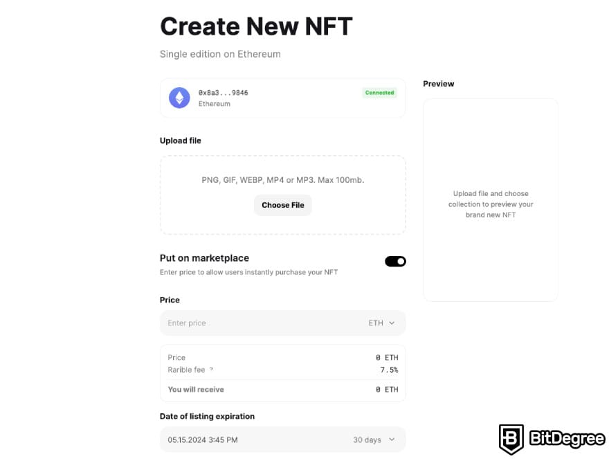 How to mint NFT for free: NFT creation window on Rarible.