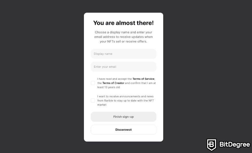 How to mint NFT for free: account completion on Rarible.