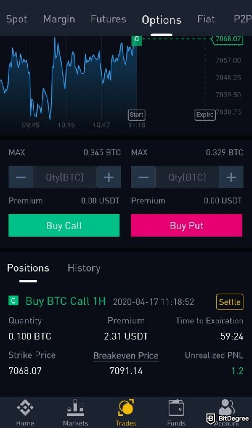 Cách short crypto: Giao diện giao dịch quyền chọn trên ứng dụng Binance.