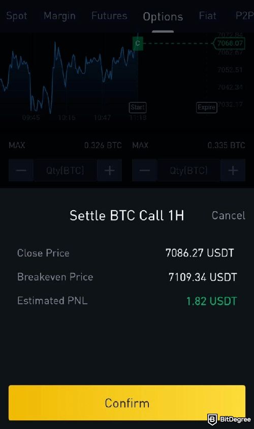 Cách short crypto: Xác nhận giao dịch quyền chọn BTC.