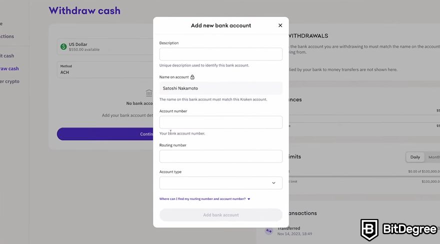 Como transferir criptomoedas para uma conta bancária: Formulário de detalhes bancários no painel do Kraken.