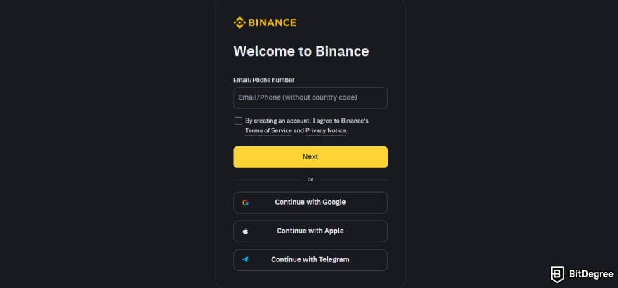 How to turn crypto into cash: Binance's sign up page.