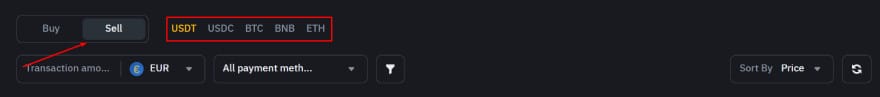 How to turn crypto into cash: a red arrow pointing to the sell button.