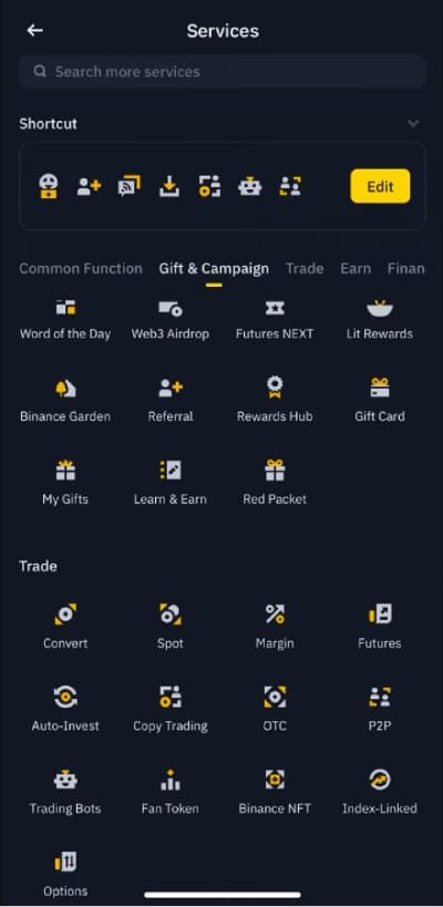 Dogecoin iyi bir yatırım mı? Binance mobil uygulamasındaki hizmetlerin ekran görüntüsü.