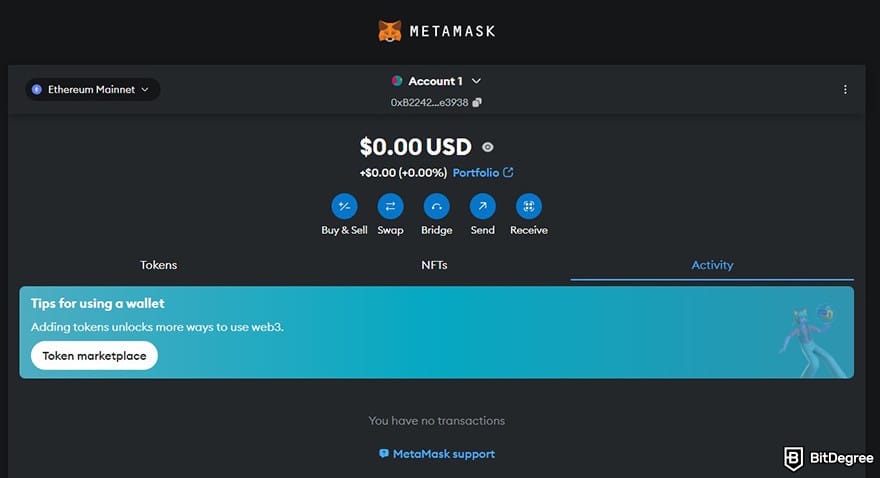 MetaMask güvenli mi: MetaMask web kontrol paneli arayüzü.
