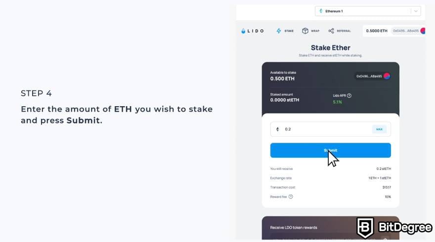 Lido staking: stake etmek istediğiniz Ethereum miktarını girin.