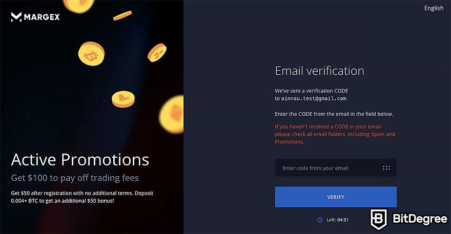 Margex İnceleme: E-mail onay ekranı.