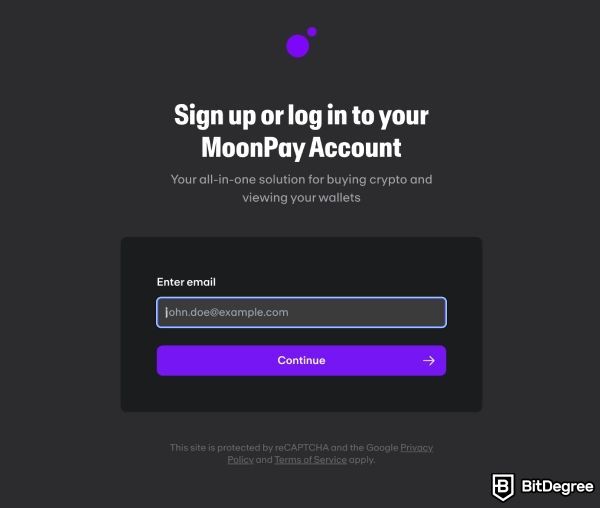 MoonPay İnceleme: MoonPay hesabınıza giriş yapma işlemi.