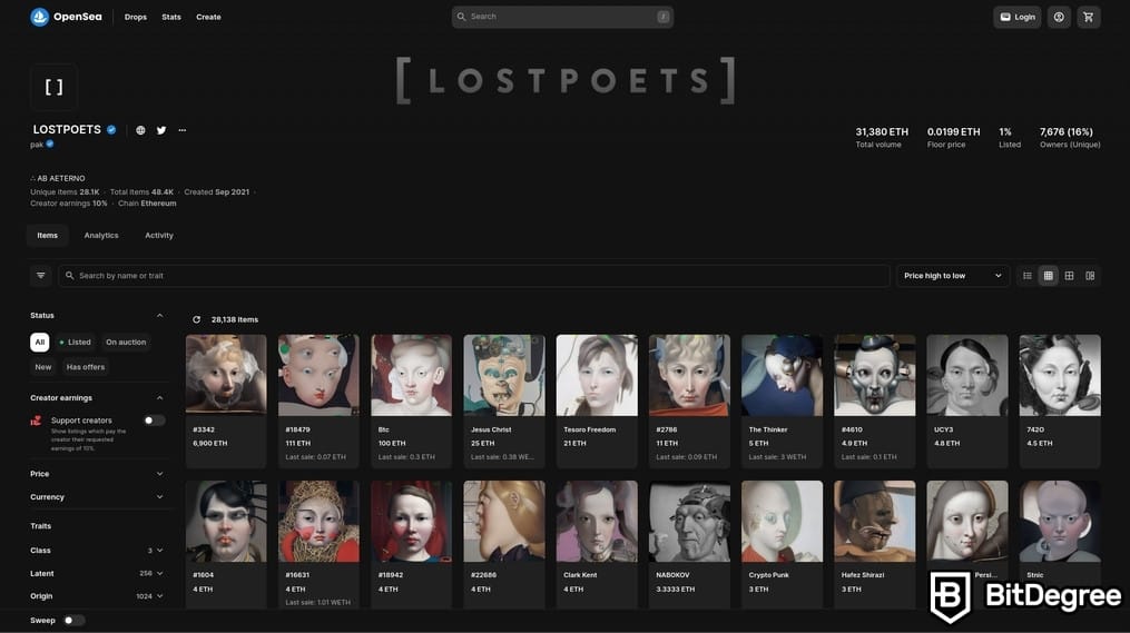 En Popüler NFT'ler: Lost Poets NFT'lerinin OpenSea'deki Listesi.