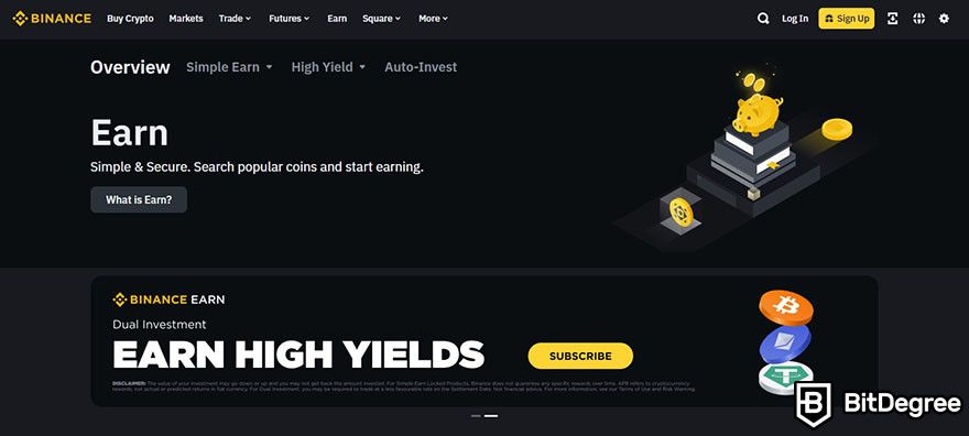 Staking de criptomoedas: página inicial da Binance Earn.