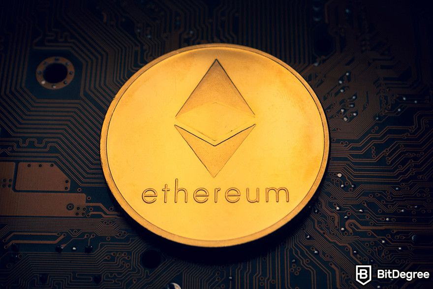 Top Ethereum projects: a gold ETH coin on a dark circuit board.