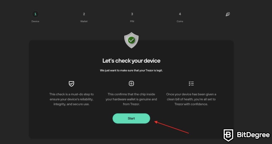 Trezor Safe 5 отзывы: кнопка начать.