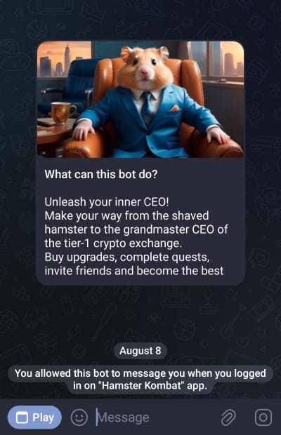 什么是 Hamster Kombat：Hamster Kombat Telegram 机器人的屏幕截图。