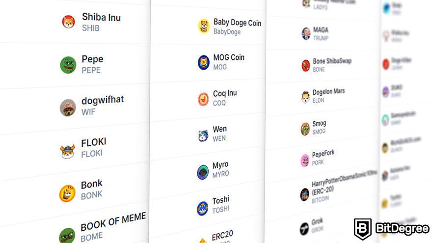 Mua BOOK OF MEME coin ở đâu: danh sách nhiều loại tiền meme khác nhau.