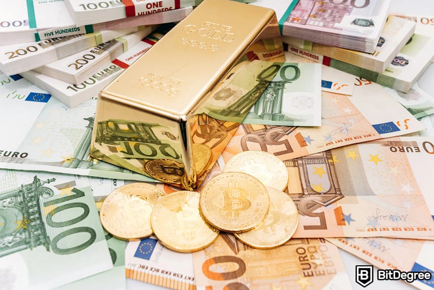 Kripto para neden değerli: Bir altın barın etrafında euro banknotları ve BTC coin'leri.