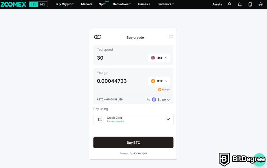 Zoomex 评论：由 Onramper 提供支持的 Zoomex 上的加密货币购买页面。