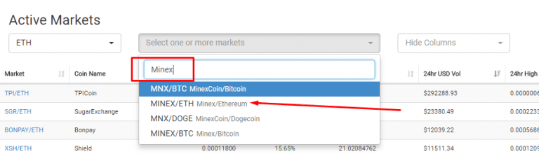 Ulasan CoinExchange: Memilih Pasangan MINEX/ETH.